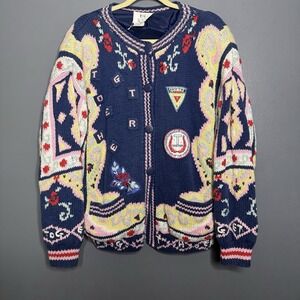 Vintage 90's Knit Cardigan Sweater Size Large Floral Cottage Together Heavy